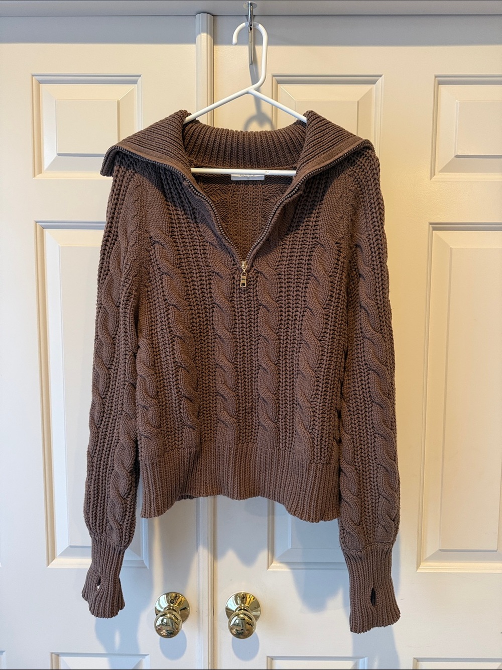Grey Bandit Cable-Knit Half-Zip Cowl Sweater in Brown